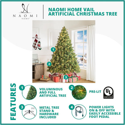 Naomi Home Vail 7.5ft Prelit Artificial Christmas Tree with Pine Cones, Foot Pedal, 1556 Branch