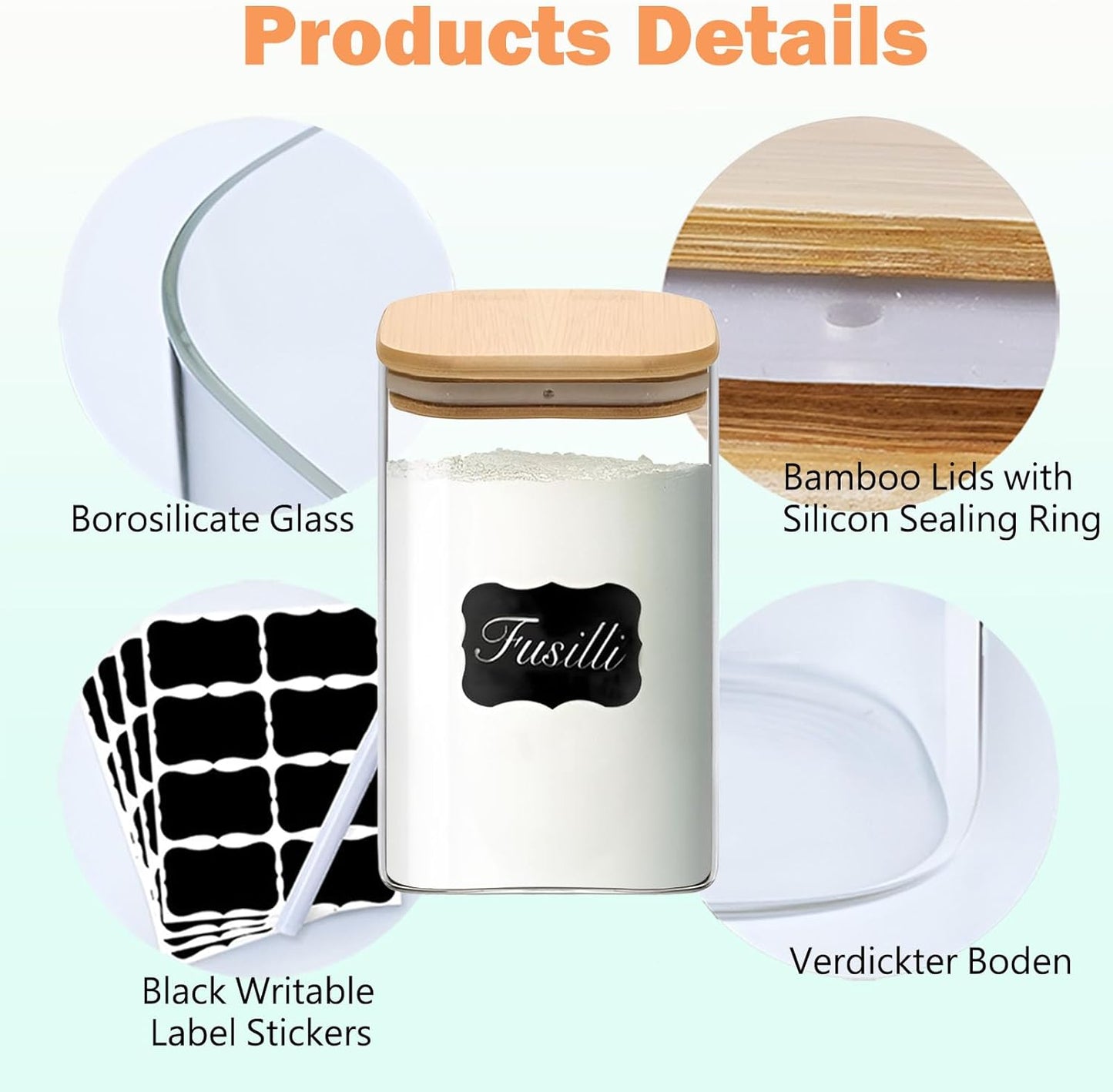 Square Glass Jars Canister with Wood Lid 37 FL OZ [Set of 4], Container Jar with Sealing, Lids for