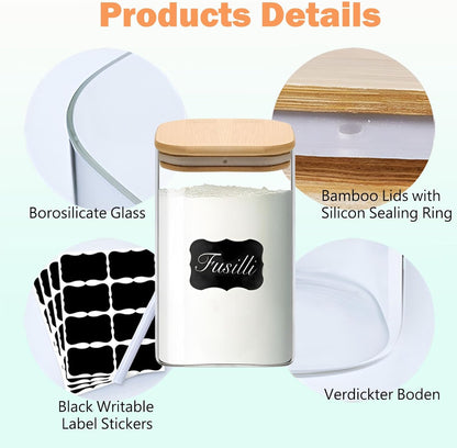 Square Glass Jars Canister with Wood Lid 37 FL OZ [Set of 4], Container Jar with Sealing, Lids for