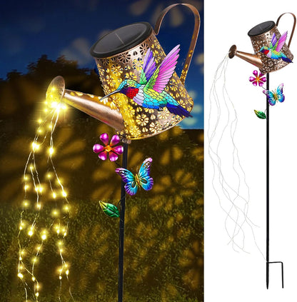 Solar Lights Outdoor Decorative,Metal Solar Watering Can Lights with Hummingbird, Waterproof Garden