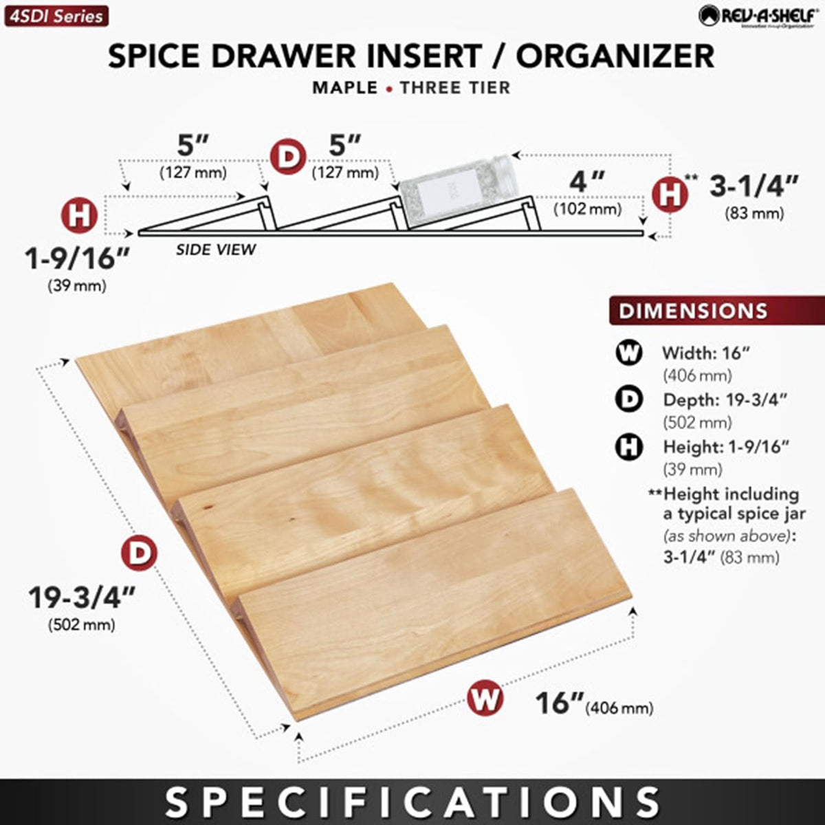 Rev-A-Shelf 16" 3 Tiered Seasoning Organizer, Trim-to-Fit Wooden Kitchen Draw and Cabinet Home