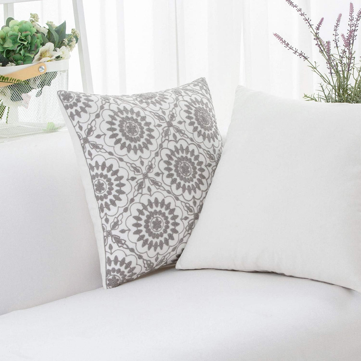 HWY 50 Gray Grey Decorative Throw Pillow Covers 18x18 Inch (1 Piece), Embroidered Cotton Farmhouse