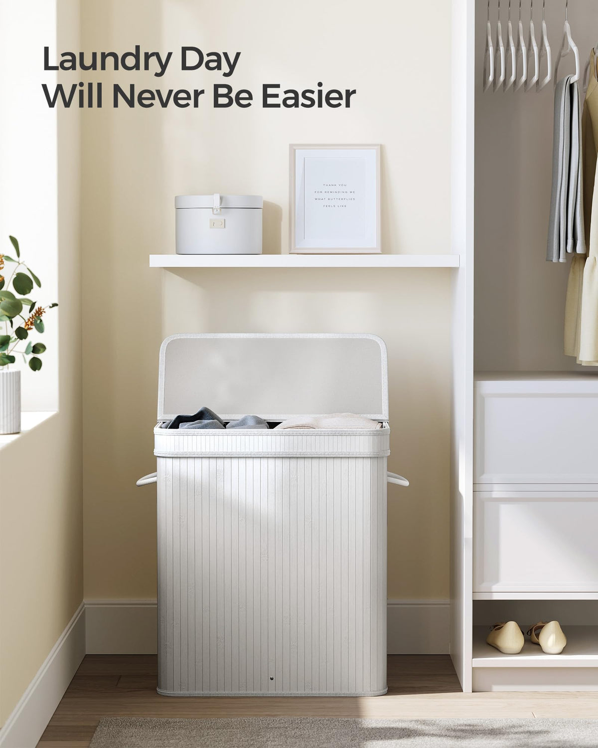 SONGMICS Laundry Hamper with Lid, Bamboo Laundry Basket, Removable Machine Washable Laundry Basket