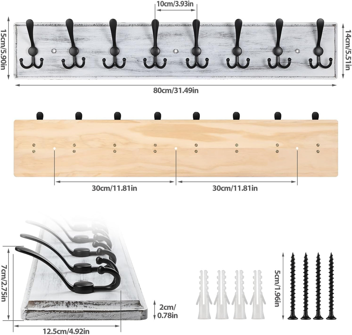Coat Rack Wall Mount, Wooden Heavy Duty Coat Rack for Wall,8 Triple Coat Hanger Hooks for Hanging