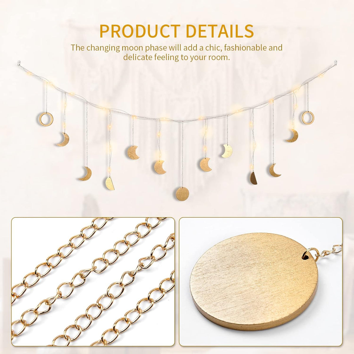 Moon Phase Wall Decor with LED String Light, 13 Gold Wood Boho Wall Hanging Decor Mood Garland 56''