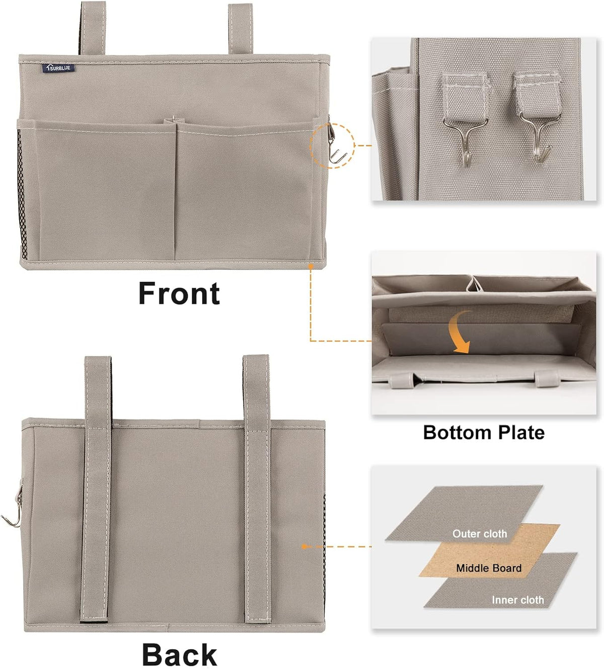 Surblue Bedside Caddy Hanging Bed Organizer Storage Bag Pocket for Bunk and Hospital Beds, College