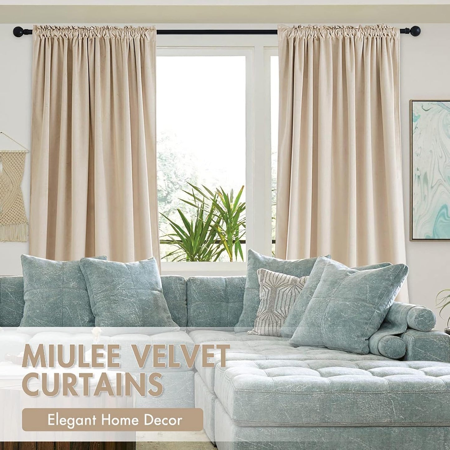 MIULEE Beige Velvet Curtains Thermal Insulated Blackout Curtain Drapes for Bedroom Living Room