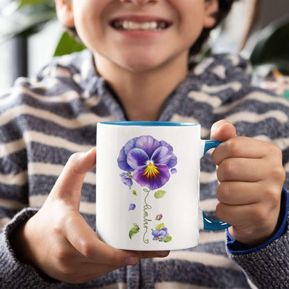 Pansy Design Ceramic Cup, Personalized Name Flower Themed Mug, Custom Coffee Cup For Pansy Flower