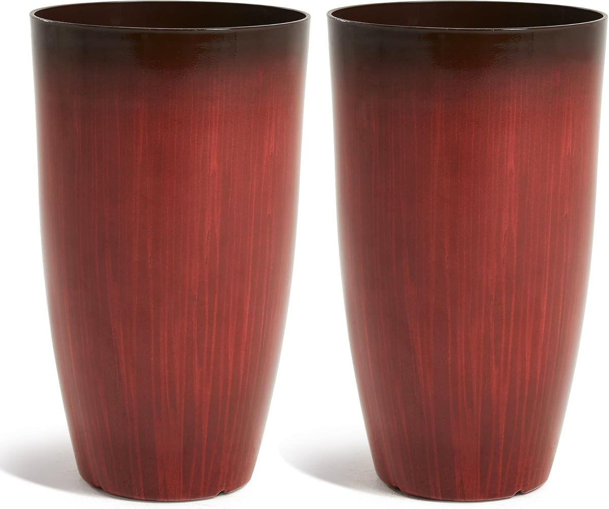 Worth Garden 20" H. Plastic Planters - Set of 2 Gradient Red Glossy Smooth Finish - Tall Plant Pots
