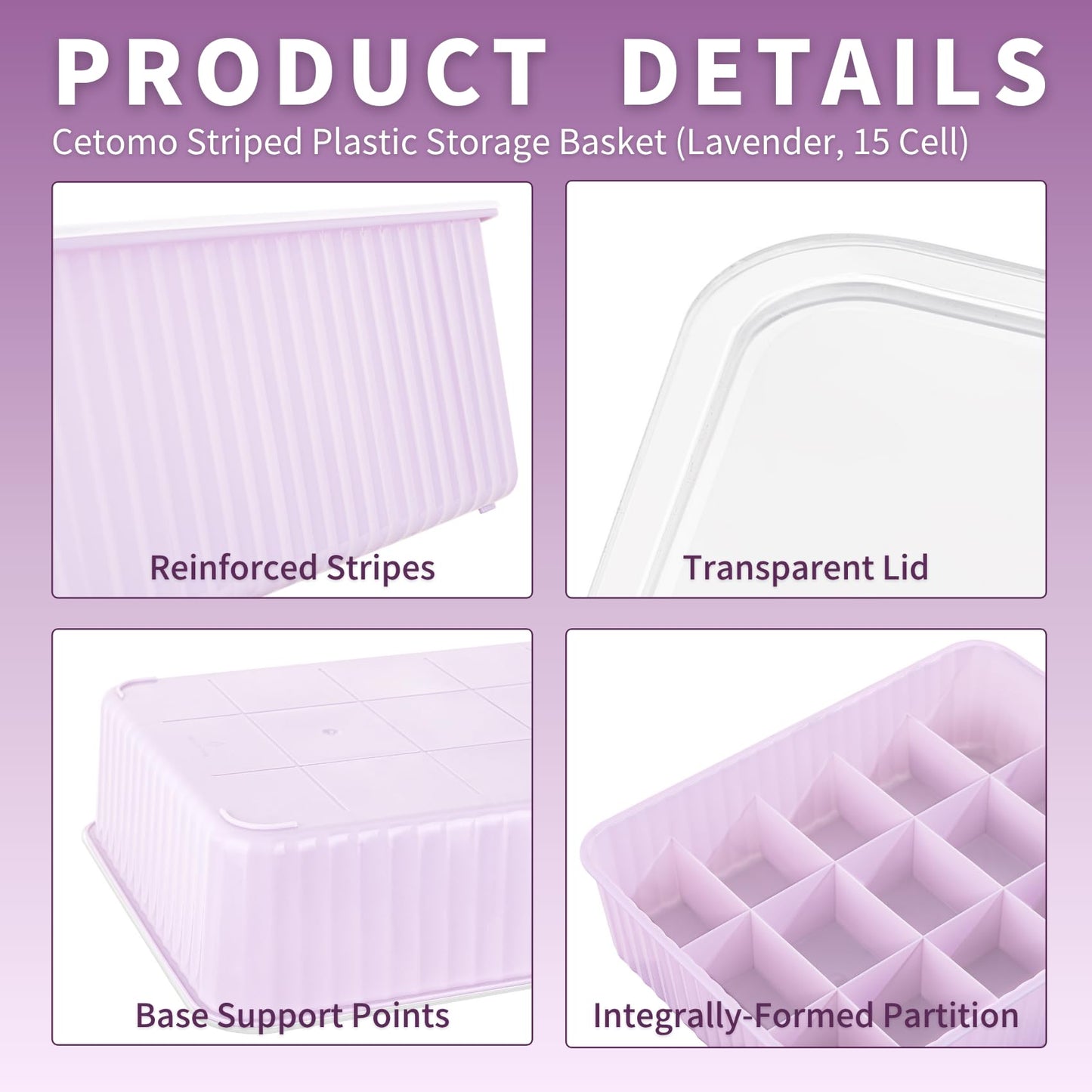 Cetomo 15 Cells Plastic Underwear Sock Drawer Organizer with Lid, Lidded Storage Box with Dividers