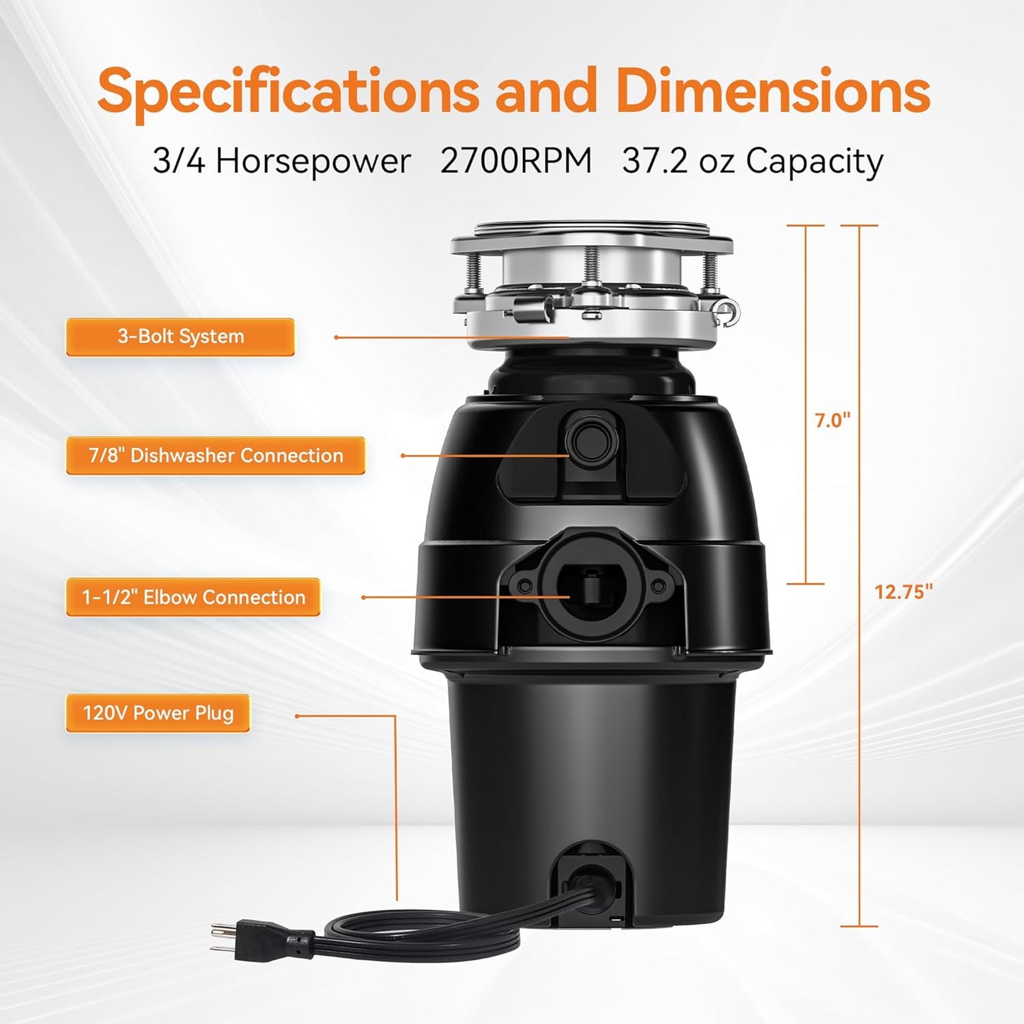 3/4 HP Garbage Disposal, TECASA Food Garbage Disposal with Power Cord, Stainless Steel Grinding