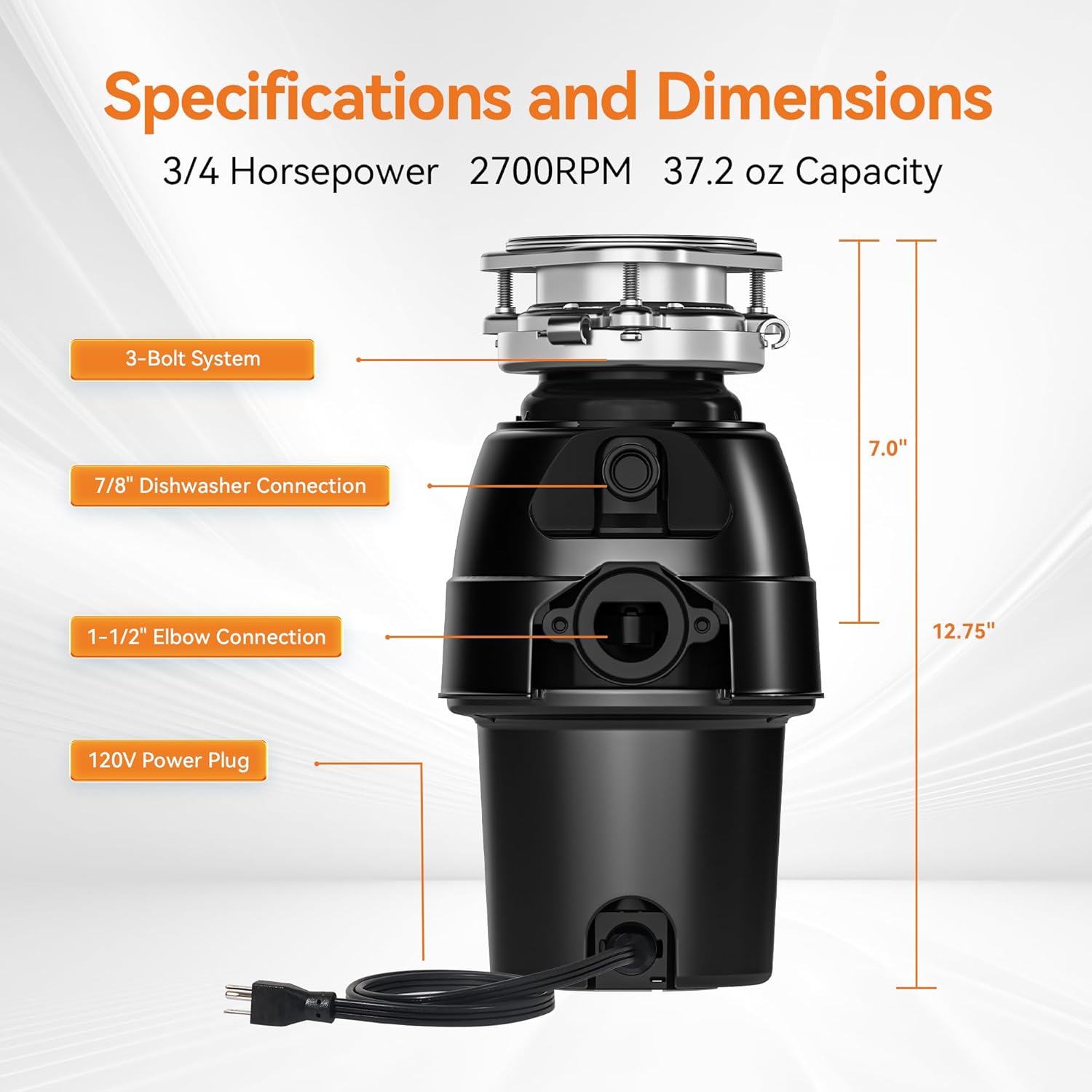 3/4 HP Garbage Disposal, TECASA Food Garbage Disposal with Power Cord, Stainless Steel Grinding