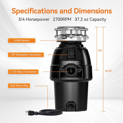 3/4 HP Garbage Disposal, TECASA Food Garbage Disposal with Power Cord, Stainless Steel Grinding