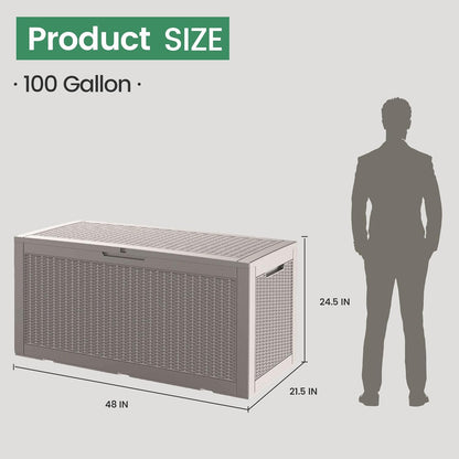 100 Gallon Storage Box, Waterproof Resin Deck Box with Hydraulic Piston Design, Lockable Storage