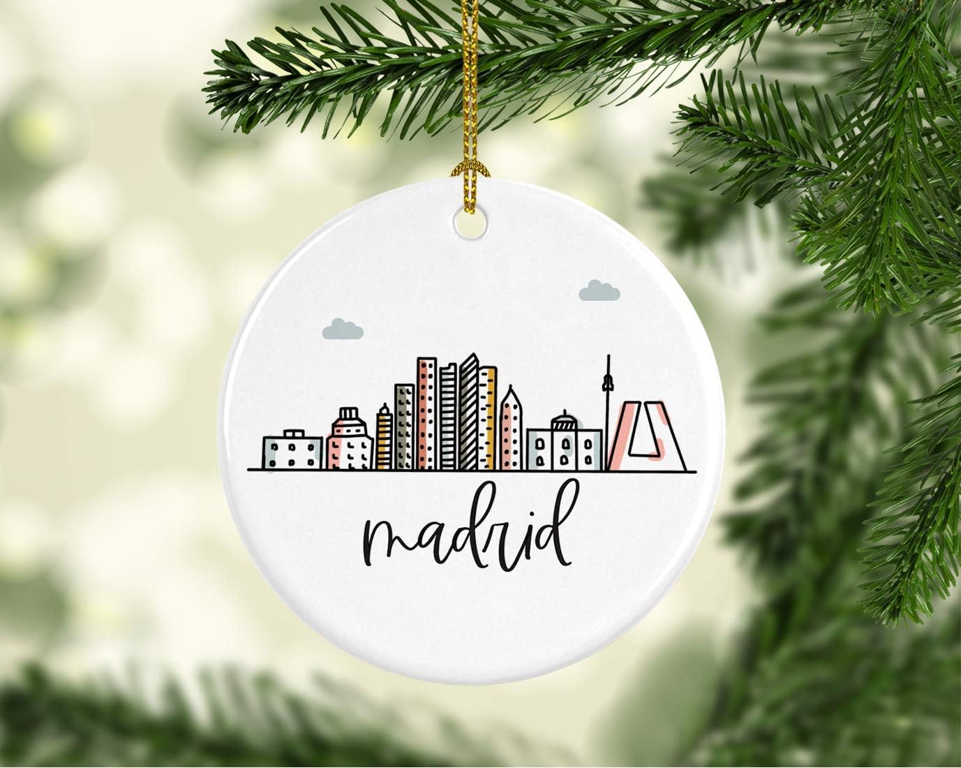 Andaz Press Round Ceramic Porcelain Christmas Tree Ornament Keepsake Gift, Madrid, Colorful