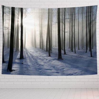 Winter Tapestry For Bedroom Path In Winter Forest On A Misty Morning Tapestries Wall Hanging For