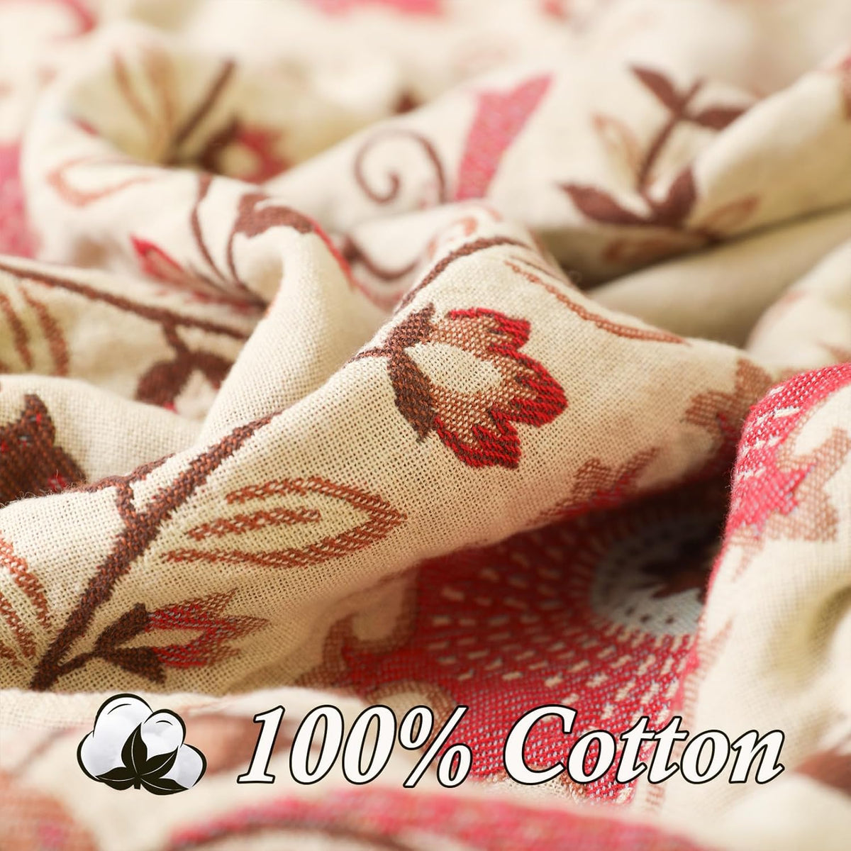 Snycler Boho Throw Blanket for Bed - 100% Cotton Ultra Soft Rustic Quilt - Pink Boho Floral Printed