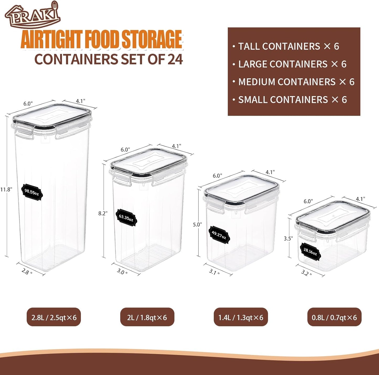 PRAKI Airtight Food Storage Containers Set with Lids - 24 PCS, BPA Free Kitchen and Pantry