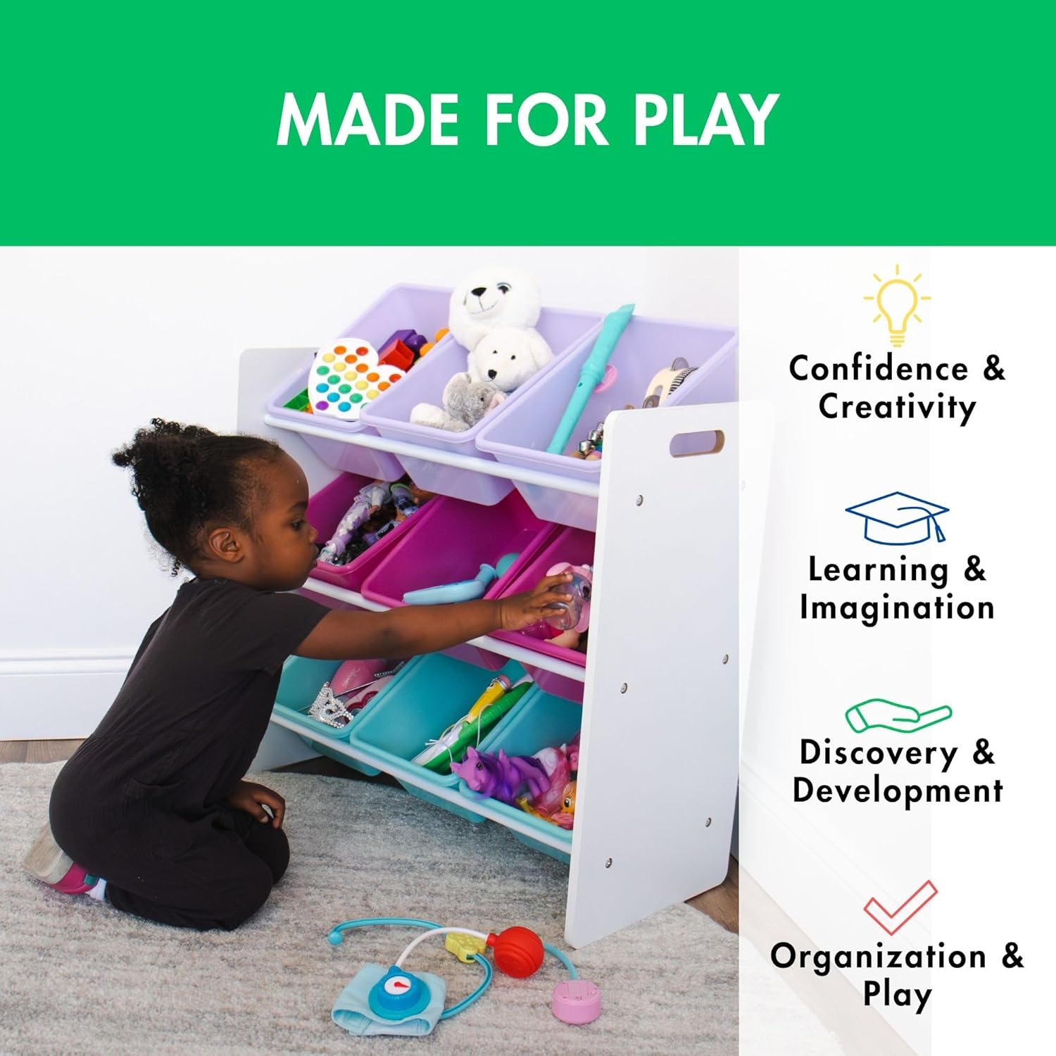 Humble Crew 9-Bin Toy Organizer – Forever Natural White/Pink/Purple/Aqua Plastic Bins, 3-Tier