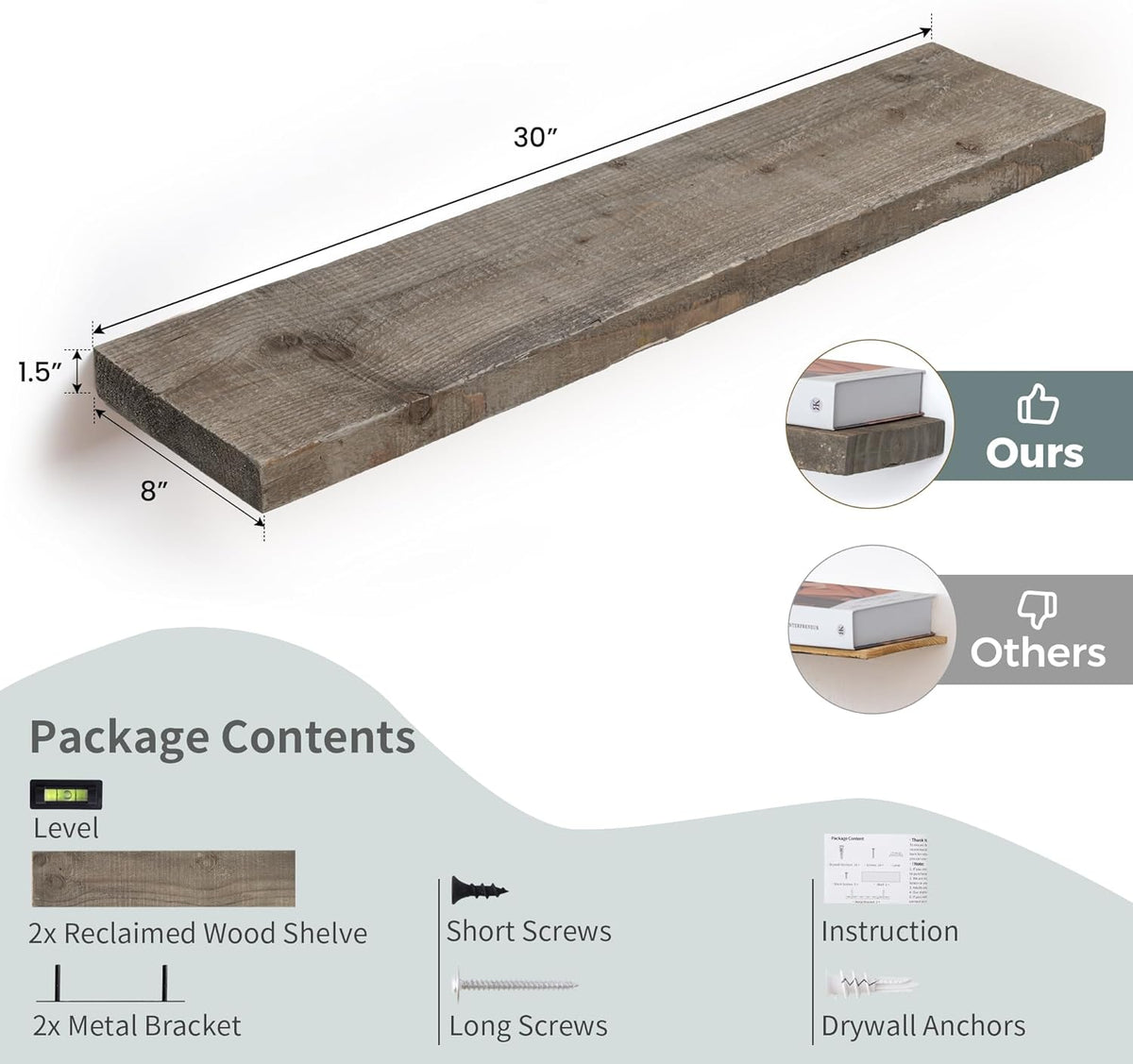 Floating Shelves, 8 Inch Deep Rustic Solid Reclaimed Wood Wall Shelves for Storage, Wall Mounted