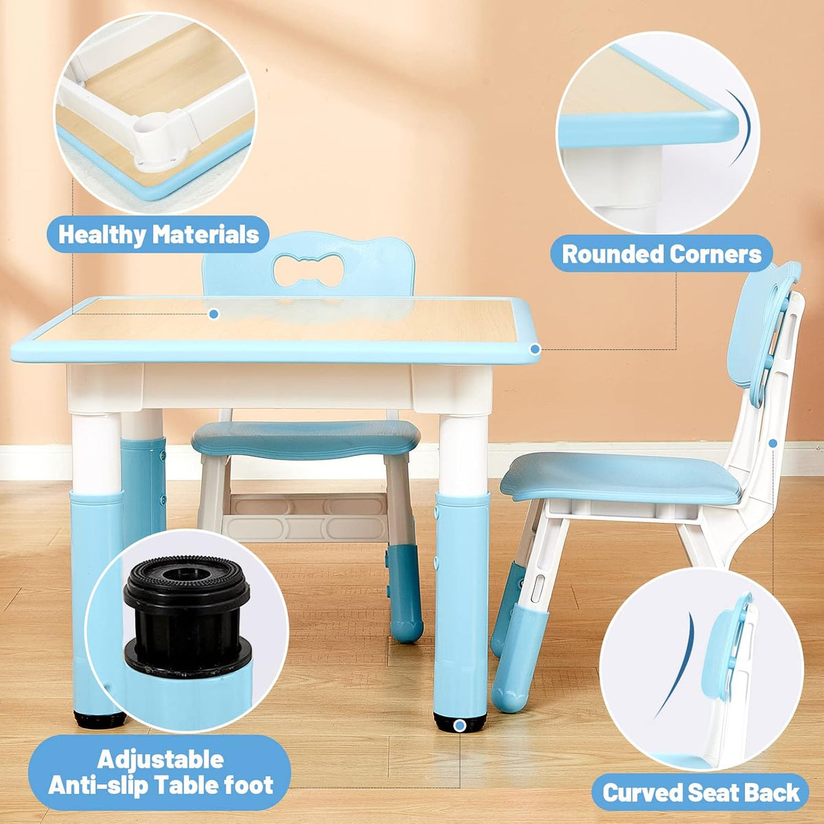 FUNLIO Kids Table and 4 Chairs Set, Height Adjustable Toddler Table and Chair Set for Ages 3-8