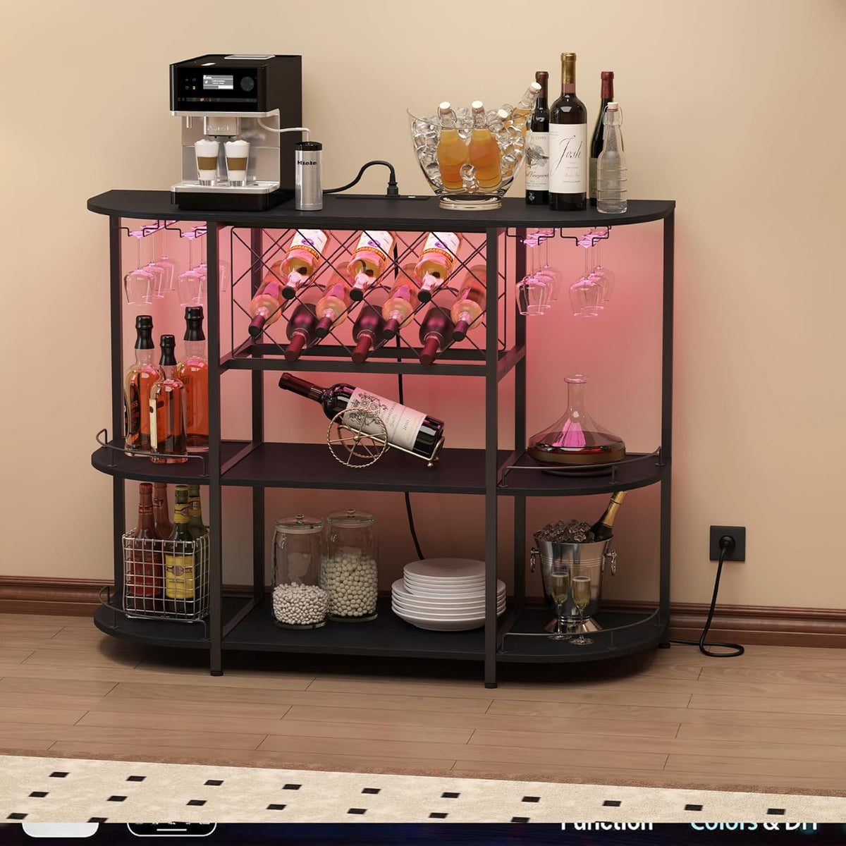 Wine Cabinet Coffee Table with Power Socket and LED Light, Three Tiers Coffee Bar Table Wine Rack