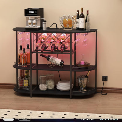 Wine Cabinet Coffee Table with Power Socket and LED Light, Three Tiers Coffee Bar Table Wine Rack