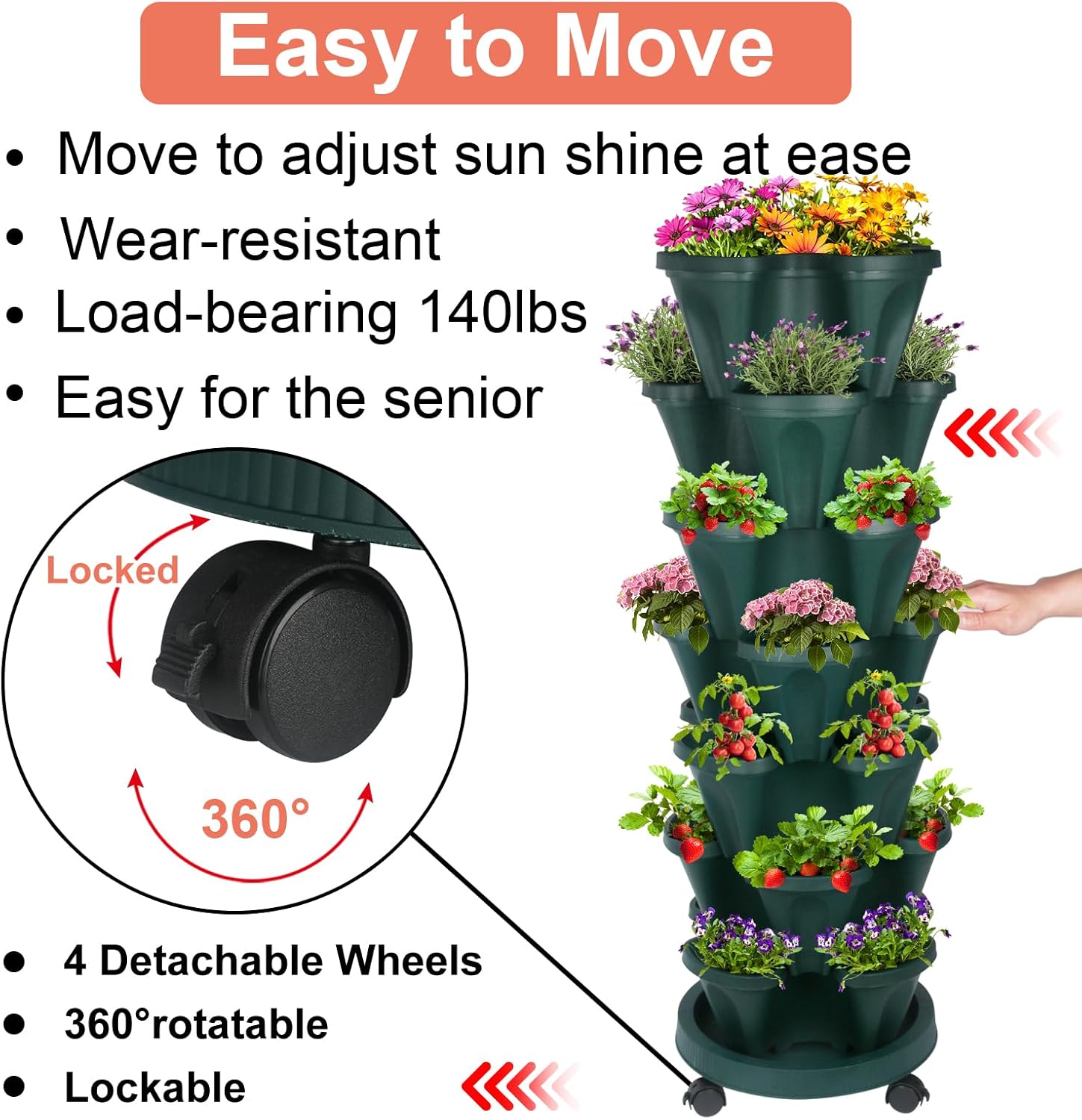 Vertical Planter, 7 Tier Stackable Strawberry Planter with Garden Tool Set, Movable Indoor/Outdoor