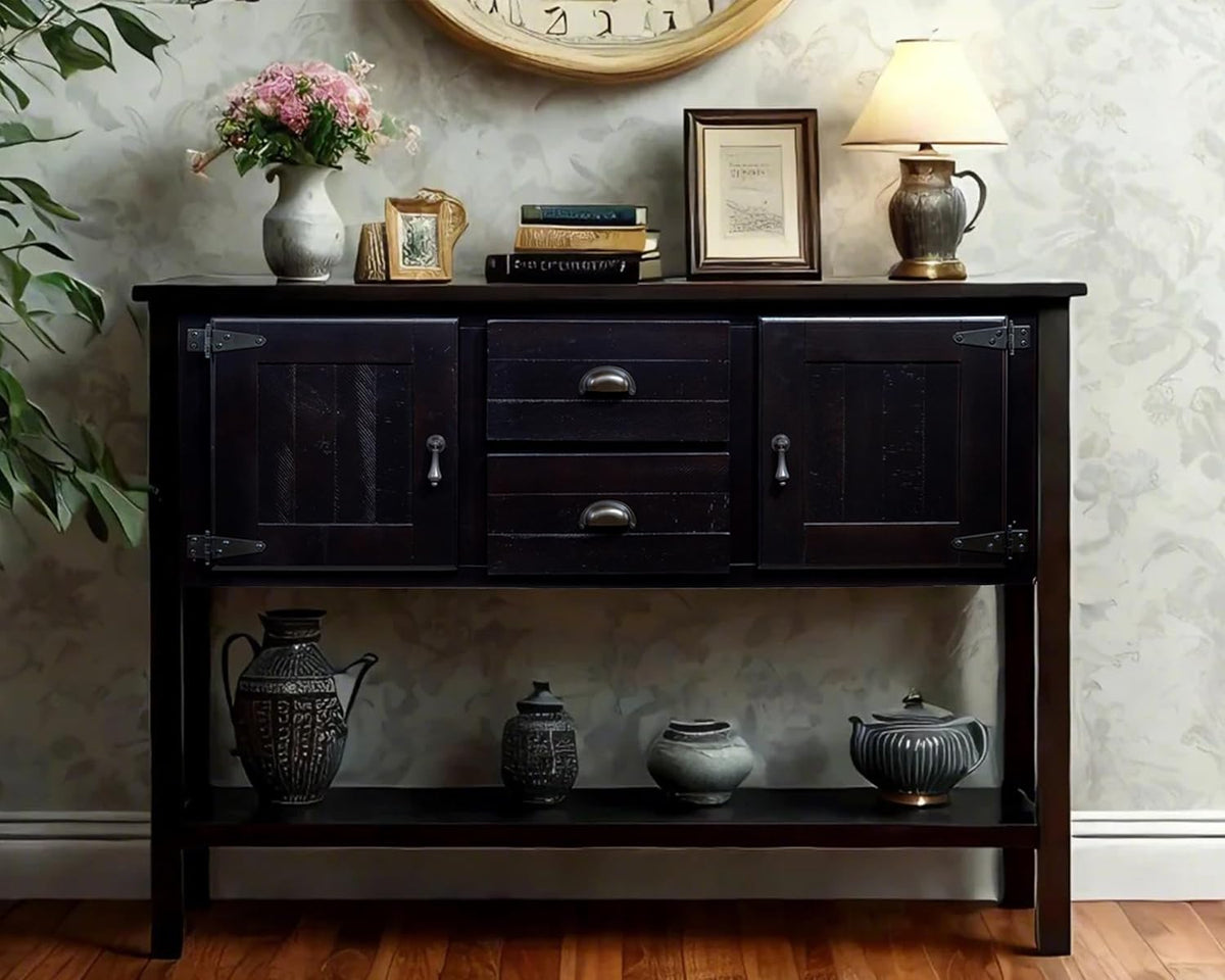 Solid Wood Farmhouse Console Table,Sofa Table with Storage Drawers and Shelves,Entryway Table for