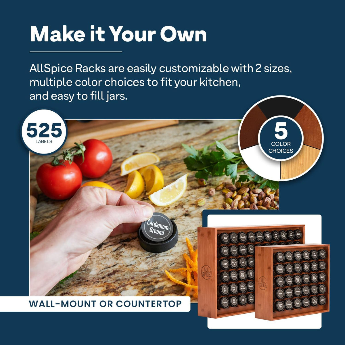 AllSpice Spice Rack Organizer, Wood, 525 Unique Labels, Countertop or Wall Mount, Includes 60 4oz