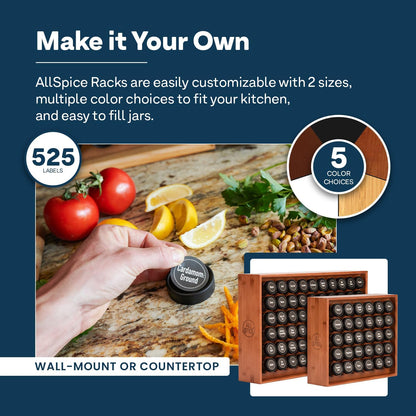 AllSpice Spice Rack Organizer, Wood, 525 Unique Labels, Countertop or Wall Mount, Includes 60 4oz