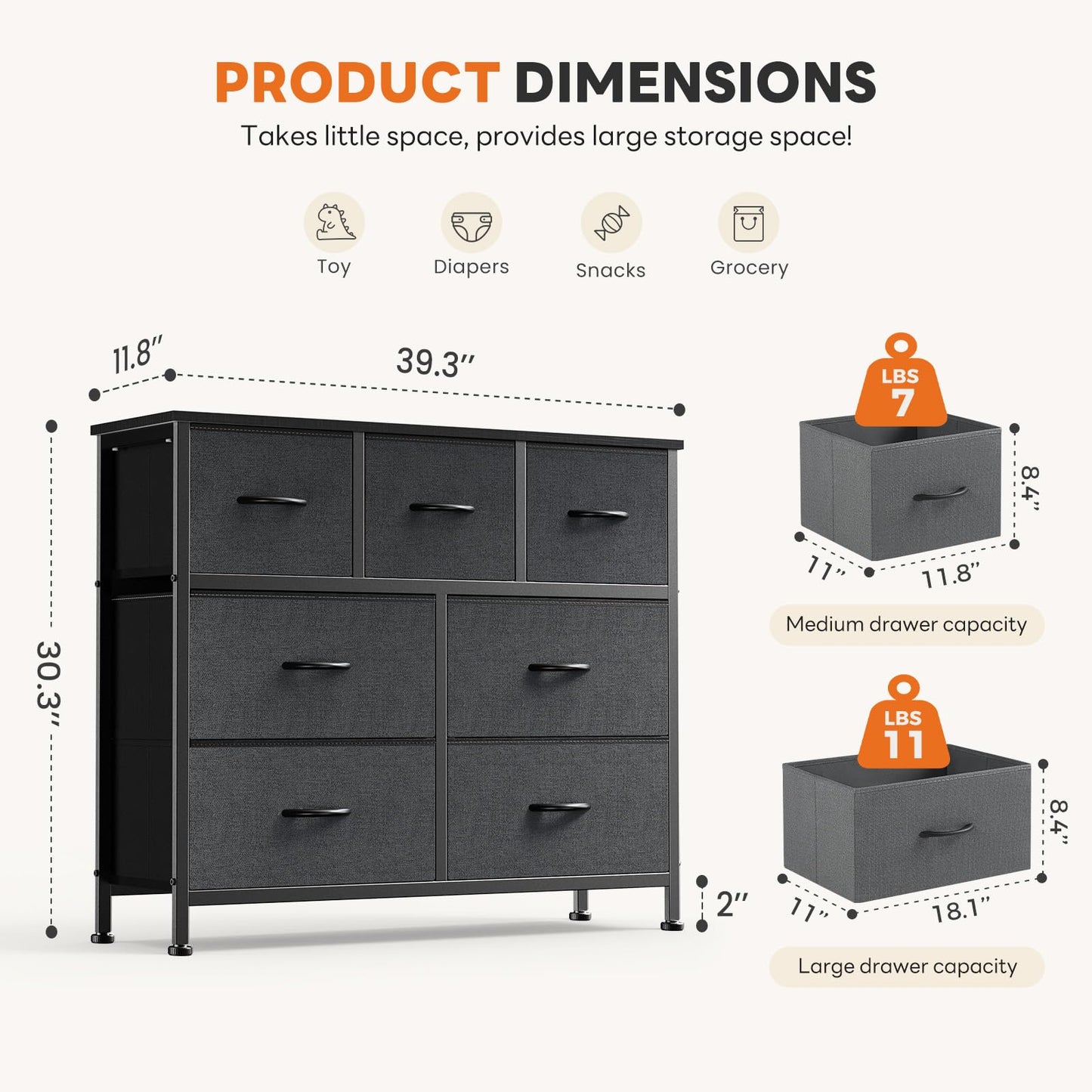 Sweetcrispy 7 Drawer Dresser for Bedroom Storage with Fabric Bins, Gray