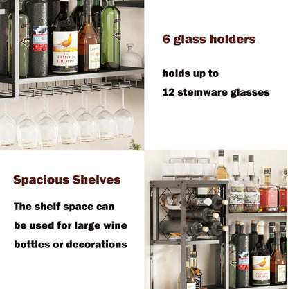 Wall Mounted Wine Rack with Glass Holder,Metal Floating Bar Liquor Shelves 2 Tier,Wine Glass Rack