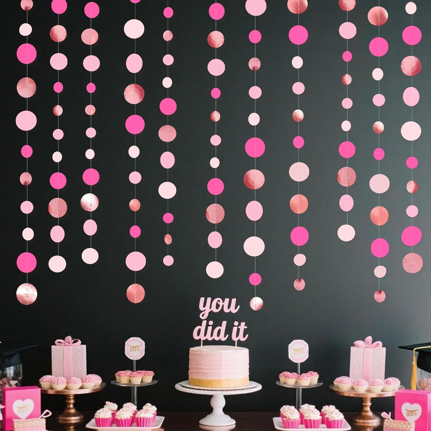 Hot Pink Rose Gold Party Decorations Circle Dots Garland Hanging Polka Dot Streamer for Girls