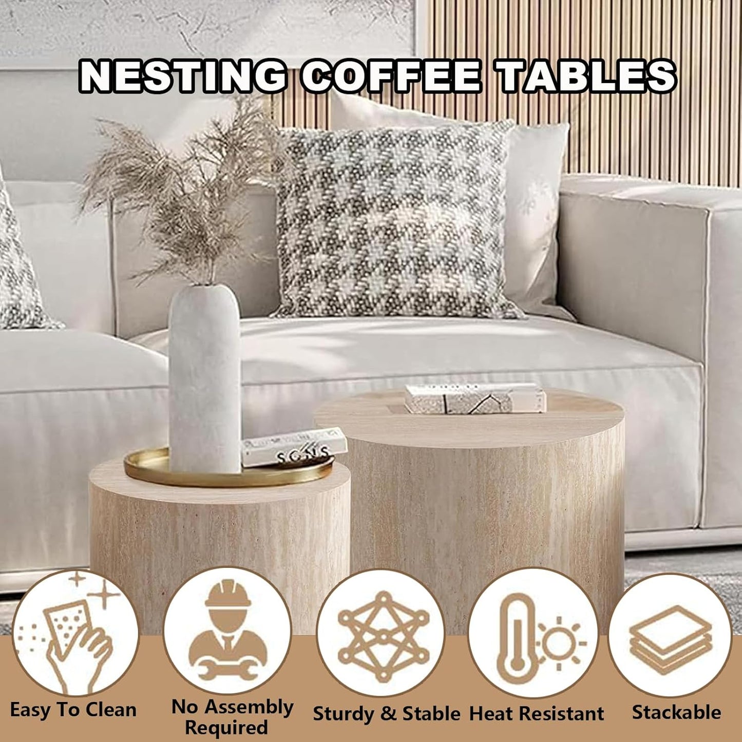Nesting Coffee Table Set of 2 Modern Small Round Coffee Table and End Table Sets Wooden Drum Side
