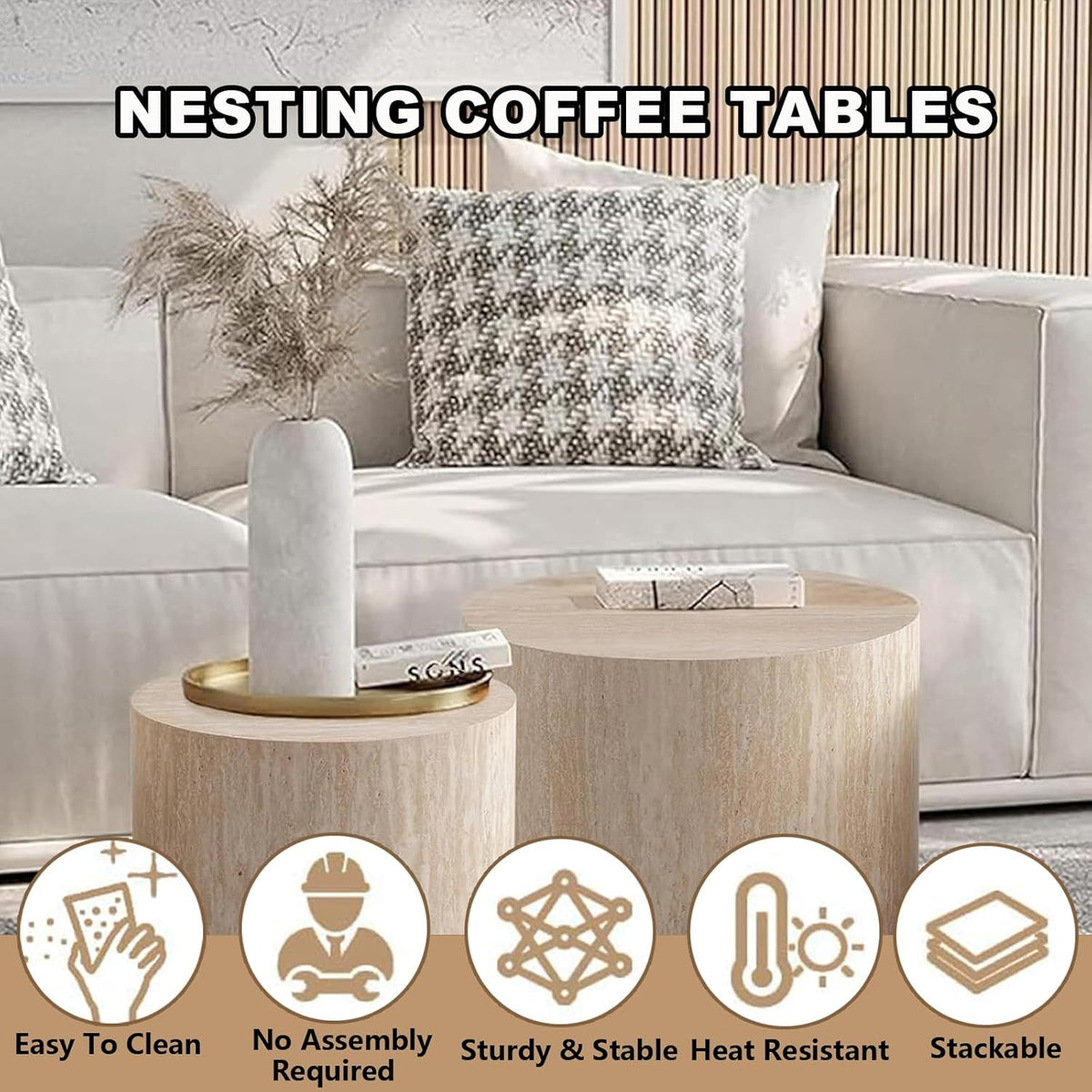 Nesting Coffee Table Set of 2 Modern Small Round Coffee Table and End Table Sets Wooden Drum Side