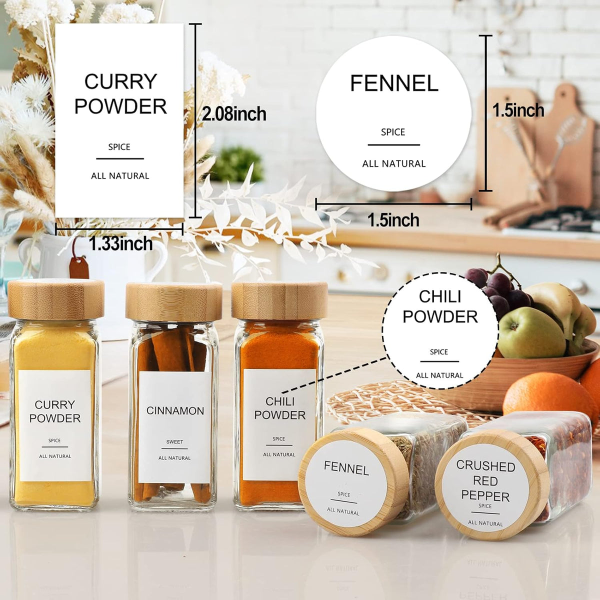 AISIPRIN Glass Spice Jars with 398 Labels, 24 pcs 4oz Spice Containers with Bamboo Lids, Square