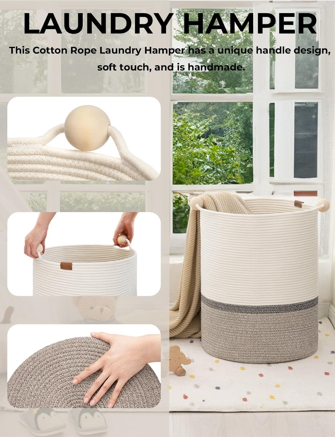 StorageWorks 72L Cotton Rope Laundry Basket with Wooden Beads Handles, Woven Basket for Storage