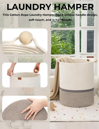 StorageWorks 72L Cotton Rope Laundry Basket with Wooden Beads Handles, Woven Basket for Storage