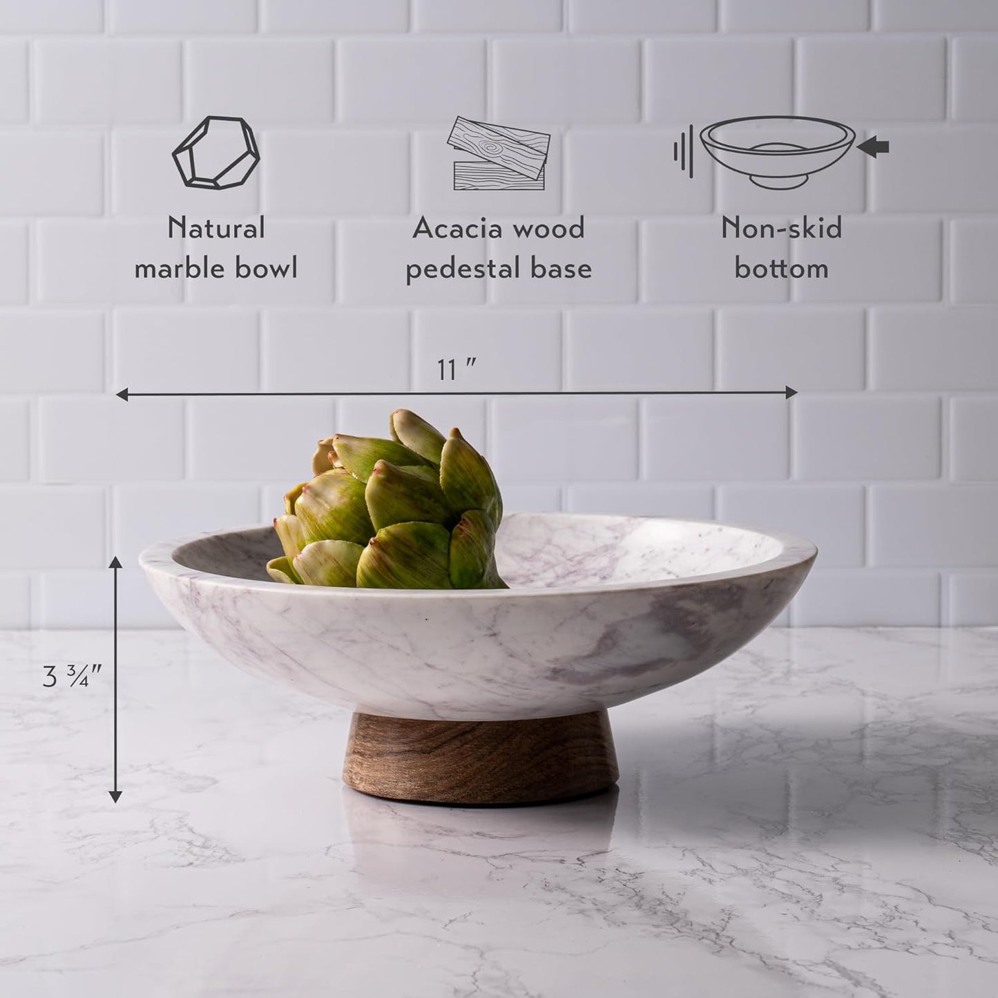 Cork & Mill Marble Decorative Bowl for Home Decor - Handcrafted Natural Stone with Acacia Wood