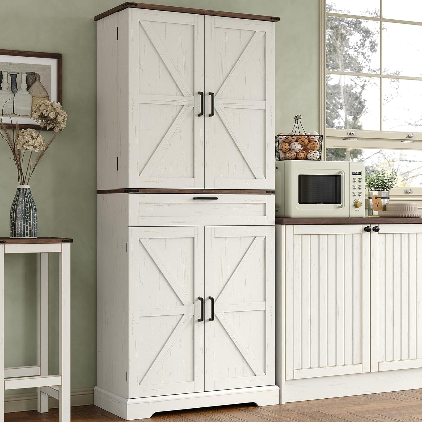72'' Kitchen Storage Pantry Cabinet, Tall Storage Cabinet with 8 Door Shelves, 2 Cabinets and 1