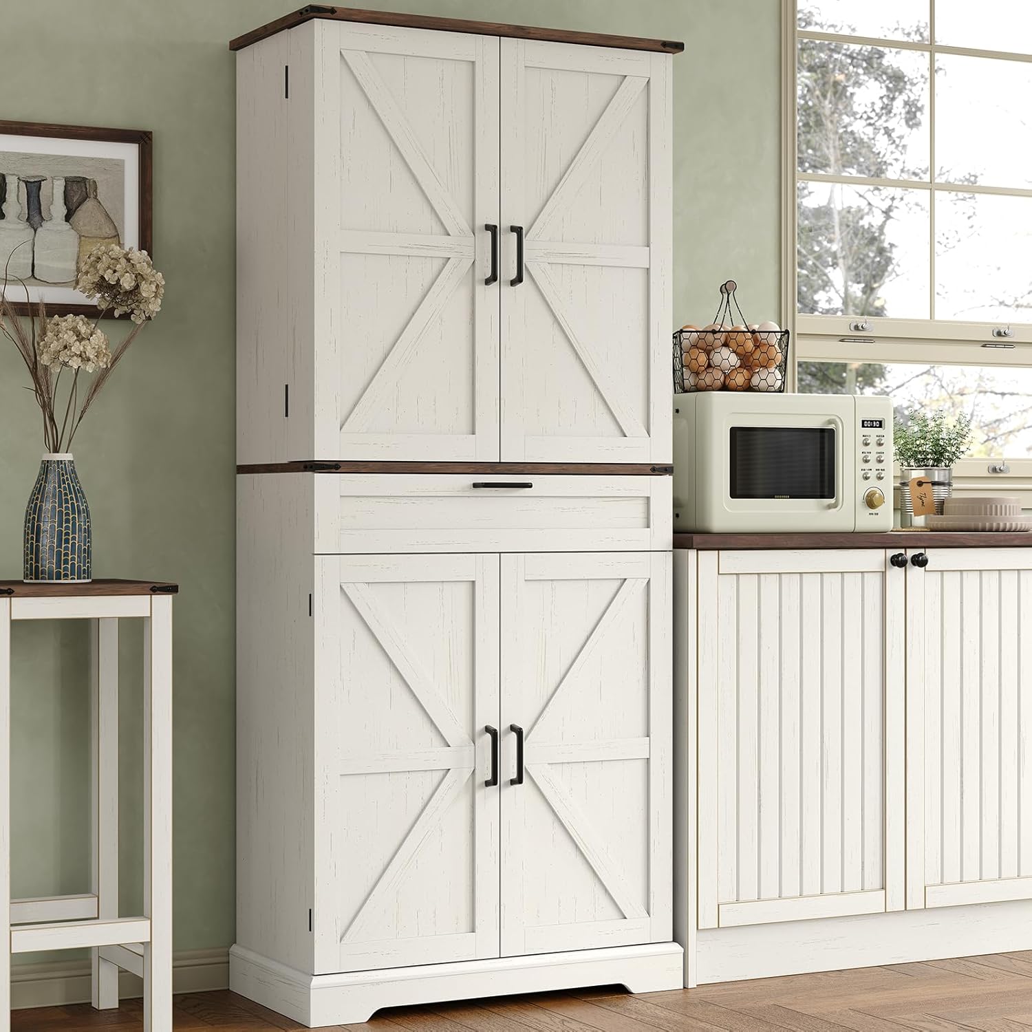 72'' Kitchen Storage Pantry Cabinet, Tall Storage Cabinet with 8 Door Shelves, 2 Cabinets and 1
