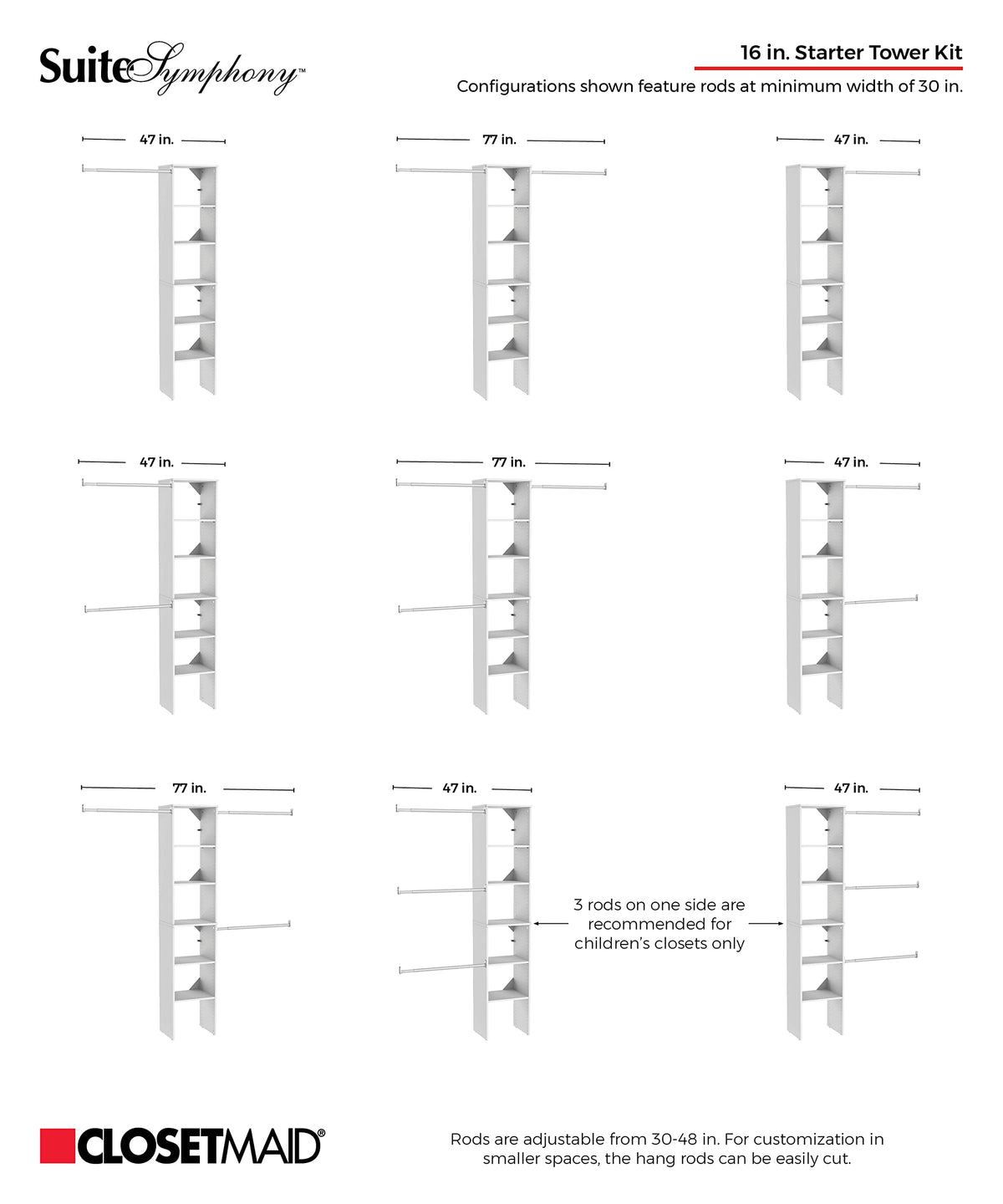 ClosetMaid SuiteSymphony Wood Closet Organizer Starter Kit with Tower and 3 Hang Rods, Shelves