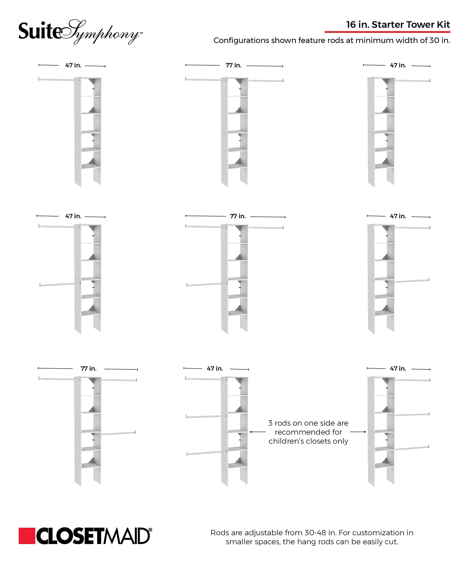 ClosetMaid SuiteSymphony Wood Closet Organizer Starter Kit with Tower and 3 Hang Rods, Shelves