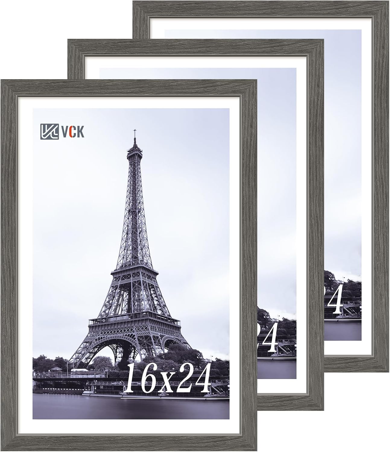 VCK 16x24 Frame Set of 3, Gray Solid Wood Poster Picture Frame, Exclusive Wood Grain, Wall Gallery
