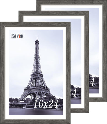 VCK 16x24 Frame Set of 3, Gray Solid Wood Poster Picture Frame, Exclusive Wood Grain, Wall Gallery