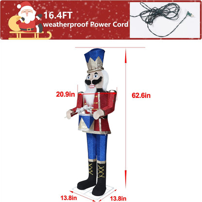 5FT Lighted Nutcracker with Drum for Christmas Decoration, Pre-Lit 3D Iridescent Soldier Xmas Decor
