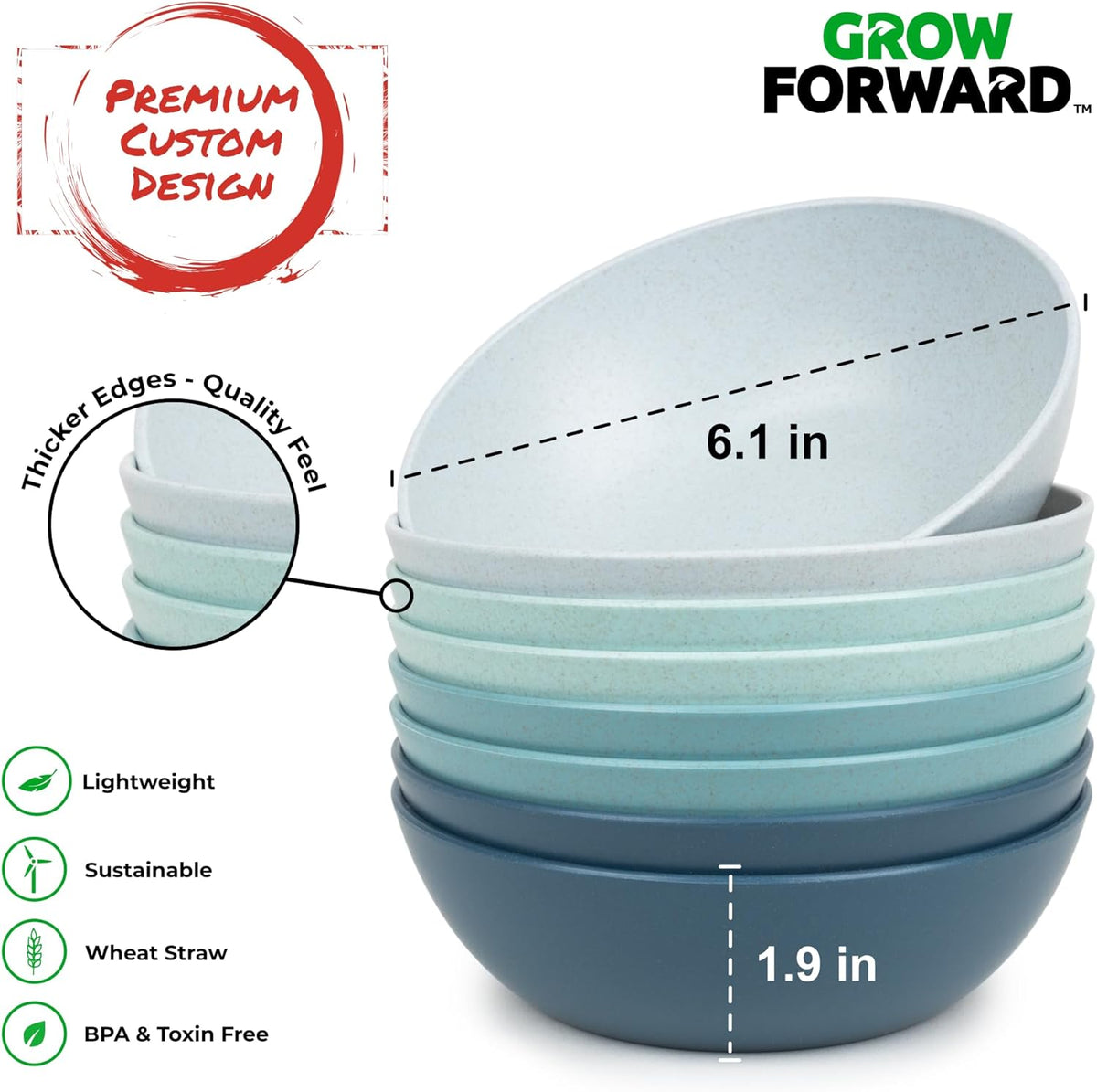 Grow Forward Premium Wheat Straw Bowls - 20oz Microwave Safe Plastic Cereal Bowls Set of 8 for