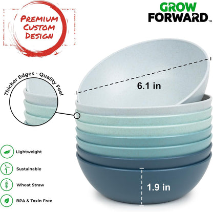 Grow Forward Premium Wheat Straw Bowls - 20oz Microwave Safe Plastic Cereal Bowls Set of 8 for