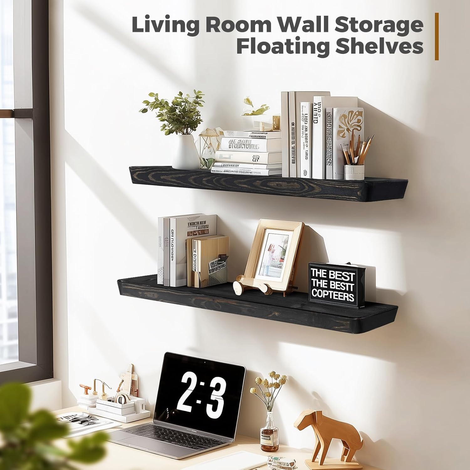 36"x6.8"x1.6" Slanted Floating Wall Shelves 2-Pack - Rustic Black Finish, Heavy-Duty Solid Wood